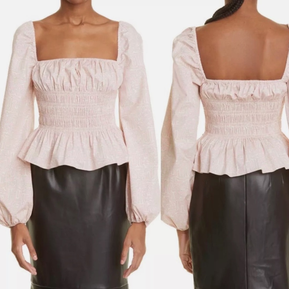 Staud‎ Jules Smocked Square Neck Top in Pink Size M